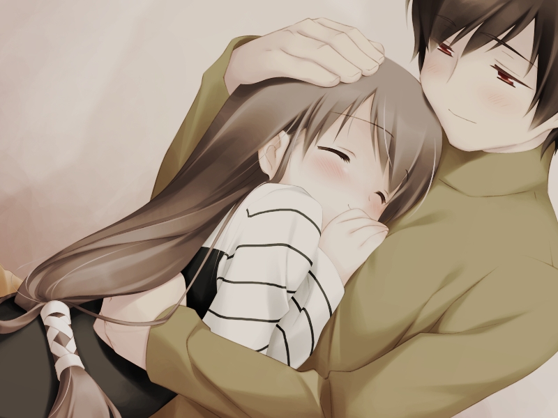 gayarou, sera karen, sakura musubi, game cg, 1boy, 1girl, blush, brown hair, closed eyes, couple, hetero, hug, long hair, short hair, smile