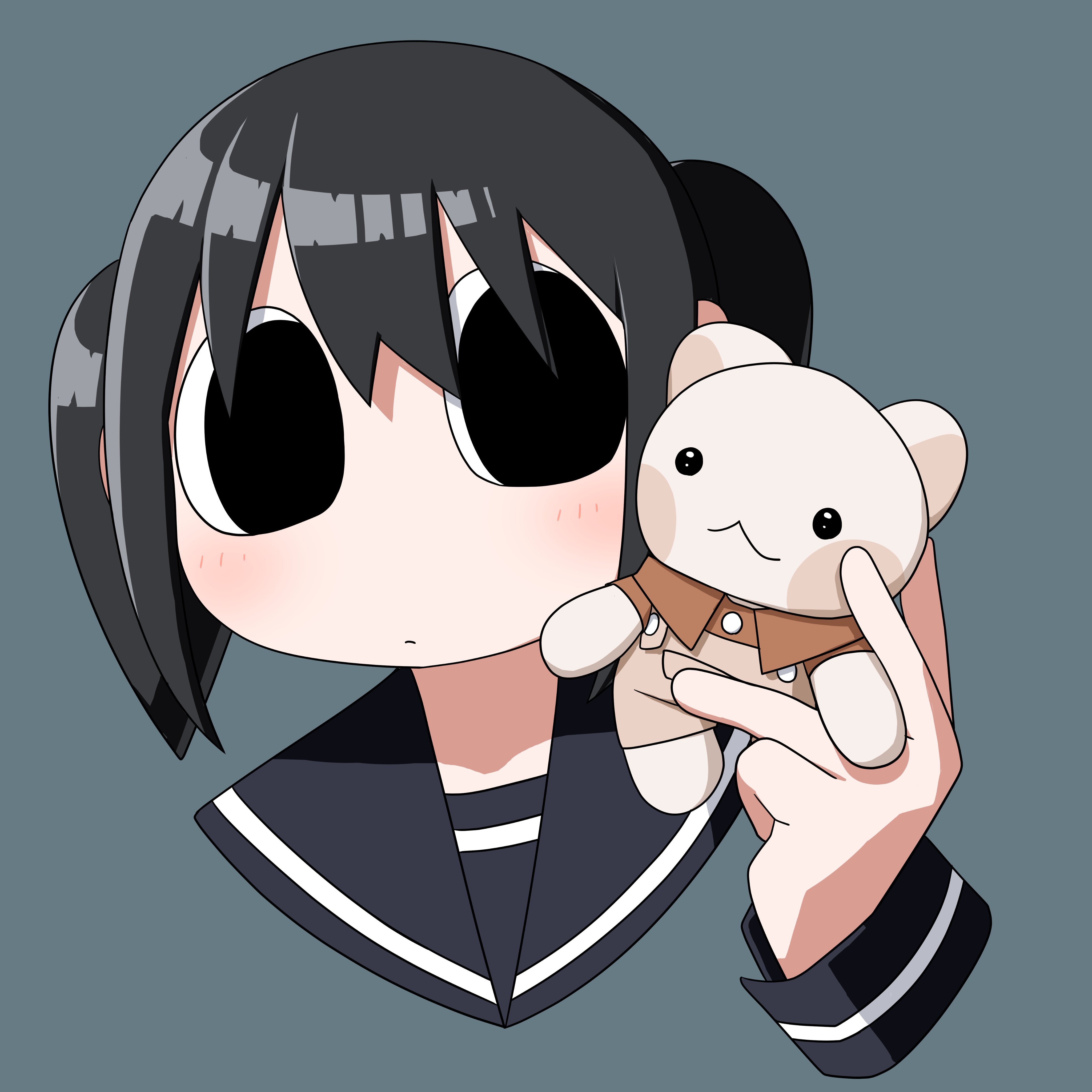 explosion psycho, haguruma hasami (explosion psycho), original, absurdres, highres, 1girl, aqua background, black eyes, black hair, black sailor collar, cropped head, disembodied hand, empty eyes, holding, holding stuffed toy, portrait, sailor collar, simple background, solo, stuffed toy, twintails