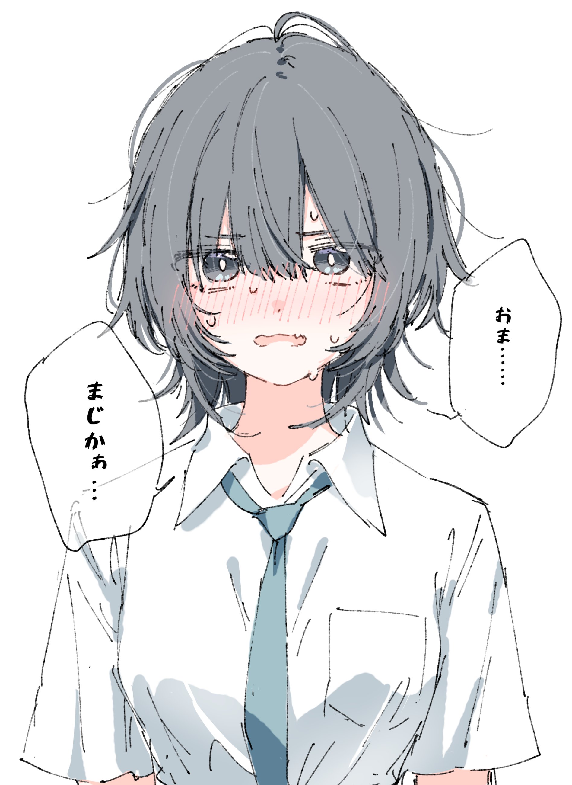 matsuda hikari, original, absurdres, highres, translation request, 1girl, blue necktie, blush, breast pocket, bright pupils, collared shirt, dot nose, full-face blush, grey hair, looking at viewer, messy hair, necktie, nervous sweating, open mouth, pocket, shirt, shy, simple background, solo, speech bubble, sweat, upper body, white background, white pupils, white shirt