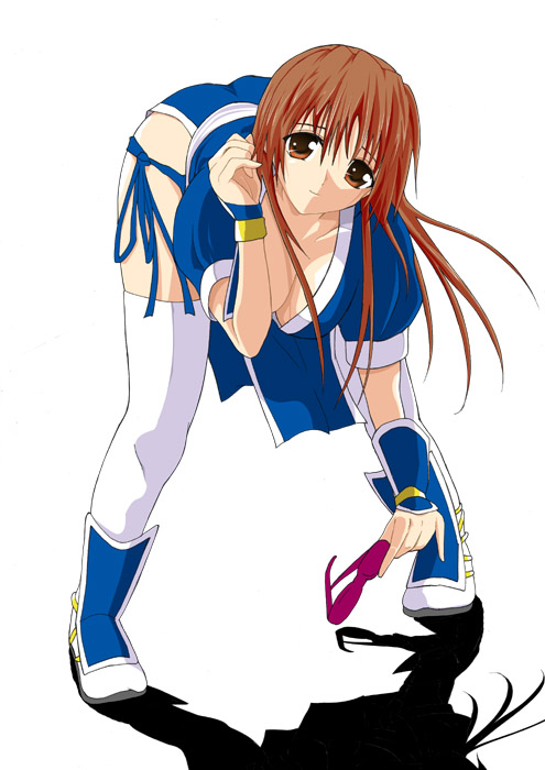 kasumi (doa), dead or alive, tecmo, 1girl, bent over, breasts, brown hair, female focus, large breasts, pelvic curtain, solo, sunglasses, thighhighs