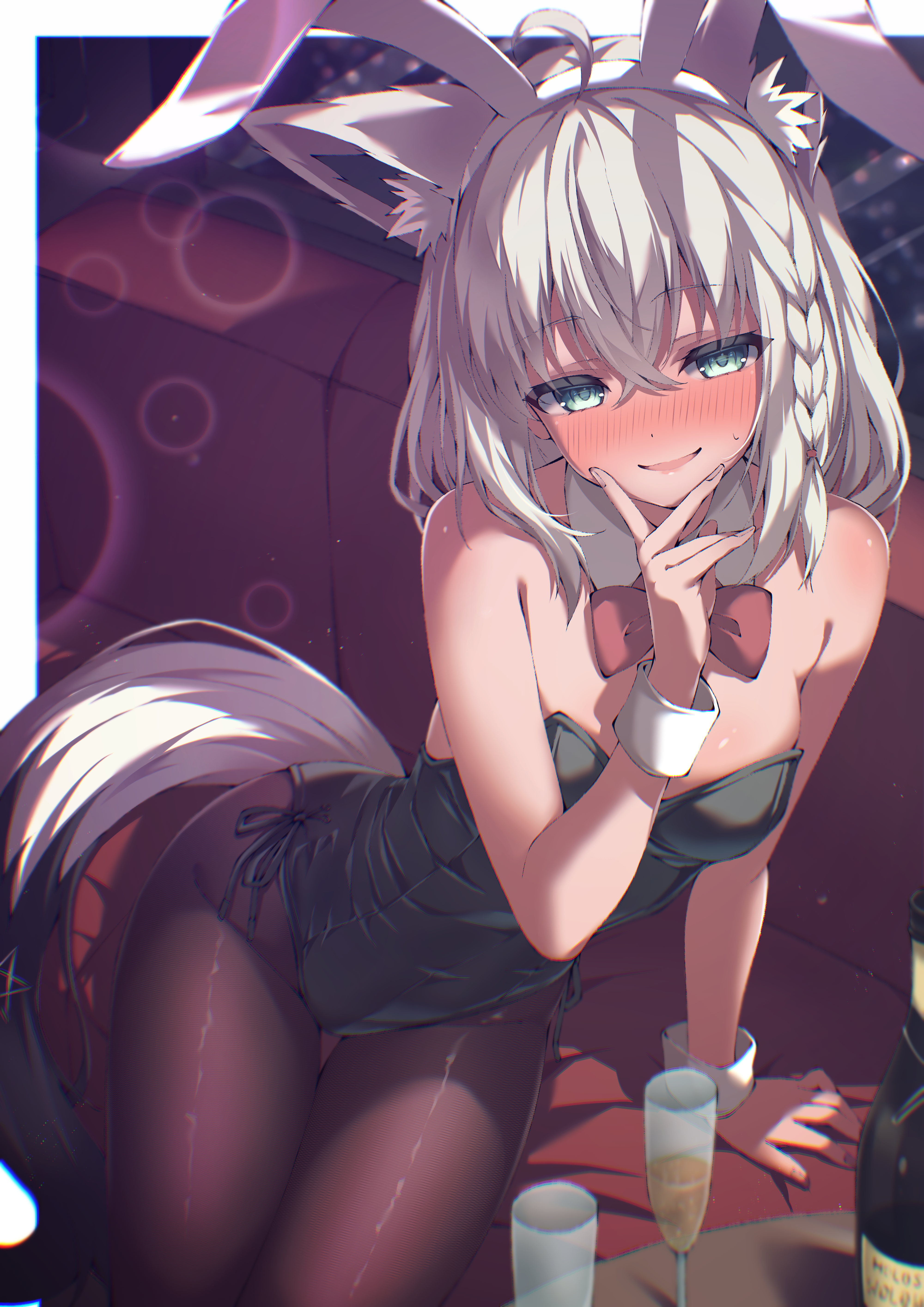 absent, shirakami fubuki, hololive, absurdres, commentary, highres, 1girl, ahoge, alcohol, animal ear fluff, animal ear hairband, animal ears, aqua eyes, arm support, bare arms, bare shoulders, black leotard, black tail, blush, bow, bowtie, braid, breasts, champagne, champagne flute, collar, covered navel, cowboy shot, crossed bangs, cup, detached collar, double-parted bangs, drinking glass, fake animal ears, finger to own chin, fox ears, fox girl, fox tail, gradient tail, green eyes, hair between eyes, hairband, highleg, highleg leotard, indoors, leotard, long hair, looking at viewer, medium breasts, nose blush, open mouth, pantyhose, pentagram, playboy bunny, rabbit ear hairband, rabbit ears, red bow, red bowtie, side-tie leotard, side braid, sidelocks, single braid, smile, solo, strapless, strapless leotard, tail, virtual youtuber, white collar, white hair, white tail, white wrist cuffs, wrist cuffs
