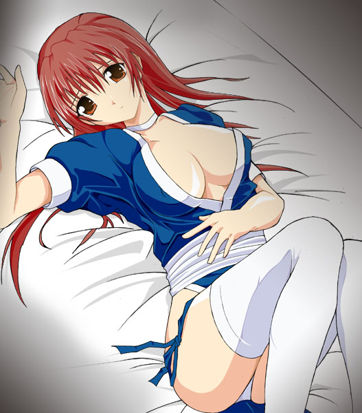kasumi (doa), dead or alive, tecmo, 1girl, breasts, female focus, lying, pelvic curtain, solo, thighhighs