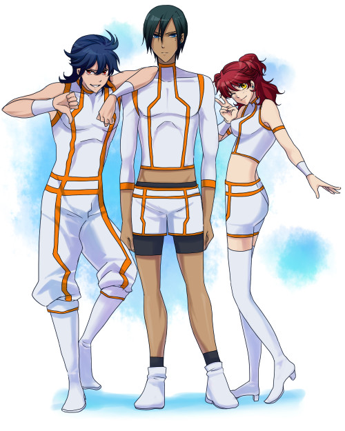 kamosuke, johann trinity, michael trinity, nena trinity, gundam, gundam 00, 00s, 1girl, 2boys, brother and sister, brothers, freckles, gloves, legs, lips, midriff, multiple boys, one eye closed, red hair, shorts, siblings, thighhighs, v, wink, yellow eyes, zettai ryouiki