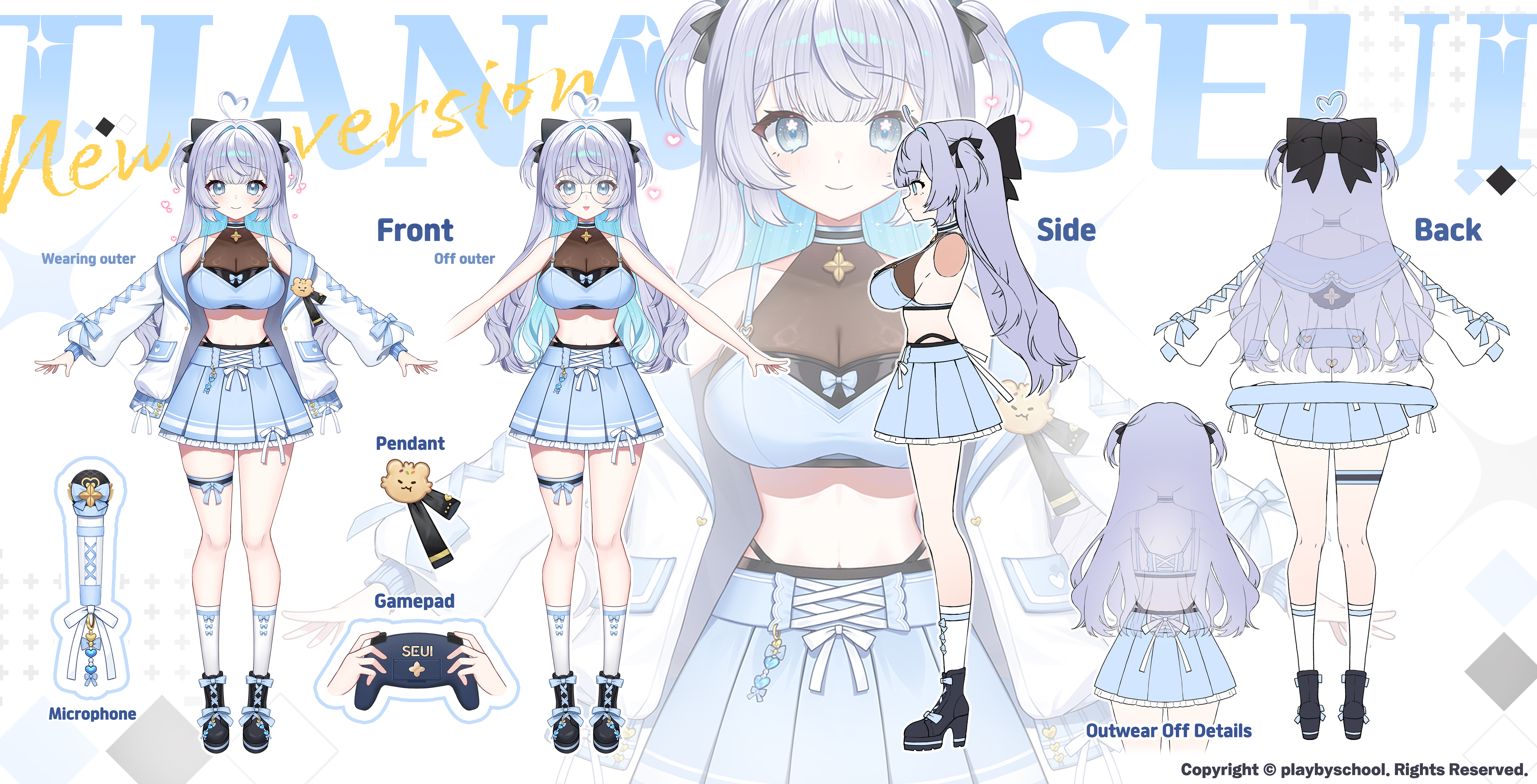 apple caramel, absurdres, commentary request, copyright request, highres, 1girl, black boots, blue bow, blue skirt, boots, bow, breasts, cleavage, controller, frilled skirt, frills, game controller, grey hair, high heel boots, high heels, jacket, large breasts, long hair, long sleeves, microphone, multiple views, off shoulder, open clothes, open jacket, pleated skirt, puffy long sleeves, puffy sleeves, reference sheet, see-through cleavage, see-through clothes, simple background, skirt, sleeves past wrists, socks, very long hair, virtual youtuber, white background, white jacket, white socks, x-ray