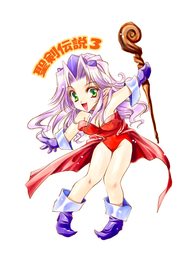 tamiya akito, angela (seiken densetsu 3), seiken densetsu, seiken densetsu 3, square enix, 1girl, boots, breasts, cape, cleavage, female focus, gloves, green eyes, leotard, medium breasts, open mouth, purple hair, red leotard, smile, solo, staff
