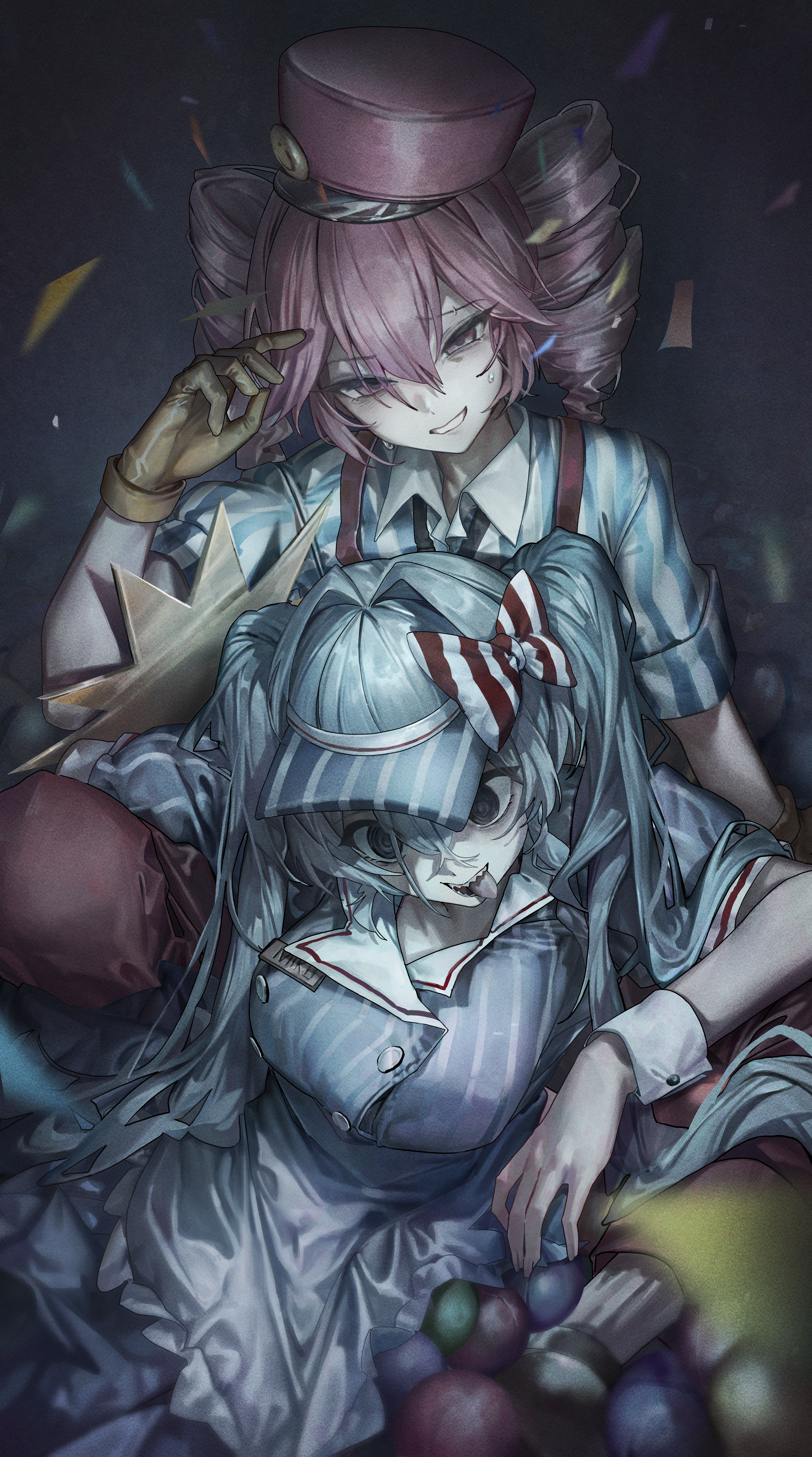 dainillust, hatsune miku, kasane teto, mesmerizer (vocaloid), synthesizer v, vocaloid, absurdres, commentary, highres, 2girls, apron, between legs, bikini, blue dress, blue eyes, blurry, bow, buttons, collared shirt, confetti, depth of field, dress, drill hair, gloves, hair between eyes, hair bow, hair intakes, hat, looking at viewer, multiple girls, pants, peaked cap, red hair, red pants, sharp teeth, shirt, sitting, smile, striped bikini, striped clothes, striped shirt, swimsuit, teeth, tongue, tongue out, tsurime, twin drills, twintails, visor cap, waist apron, wrist cuffs, yellow gloves
