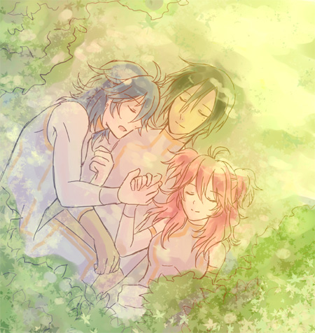 jo (artist), johann trinity, michael trinity, nena trinity, gundam, gundam 00, bad id, bad pixiv id, lowres, 00s, 1girl, 2boys, brother and sister, brothers, closed eyes, holding hands, multiple boys, red hair, siblings, sleeping, smile