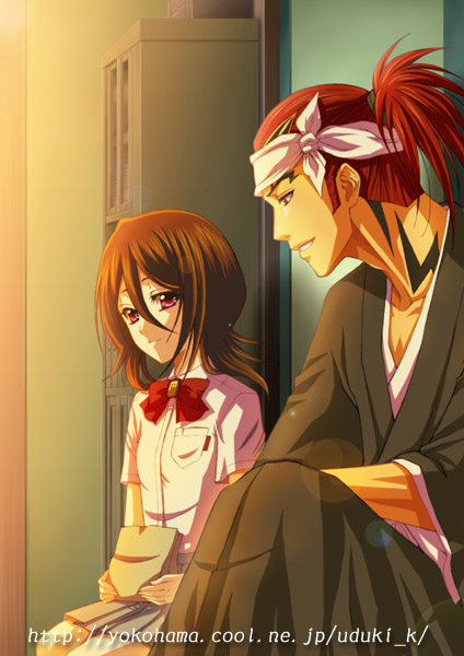 abarai renji, kuchiki rukia, bleach, 00s, 1boy, 1girl, black hair, couple, happy, hetero, japanese clothes, ponytail, purple eyes, red hair, school uniform, short hair, sitting, smile, sunset, tattoo