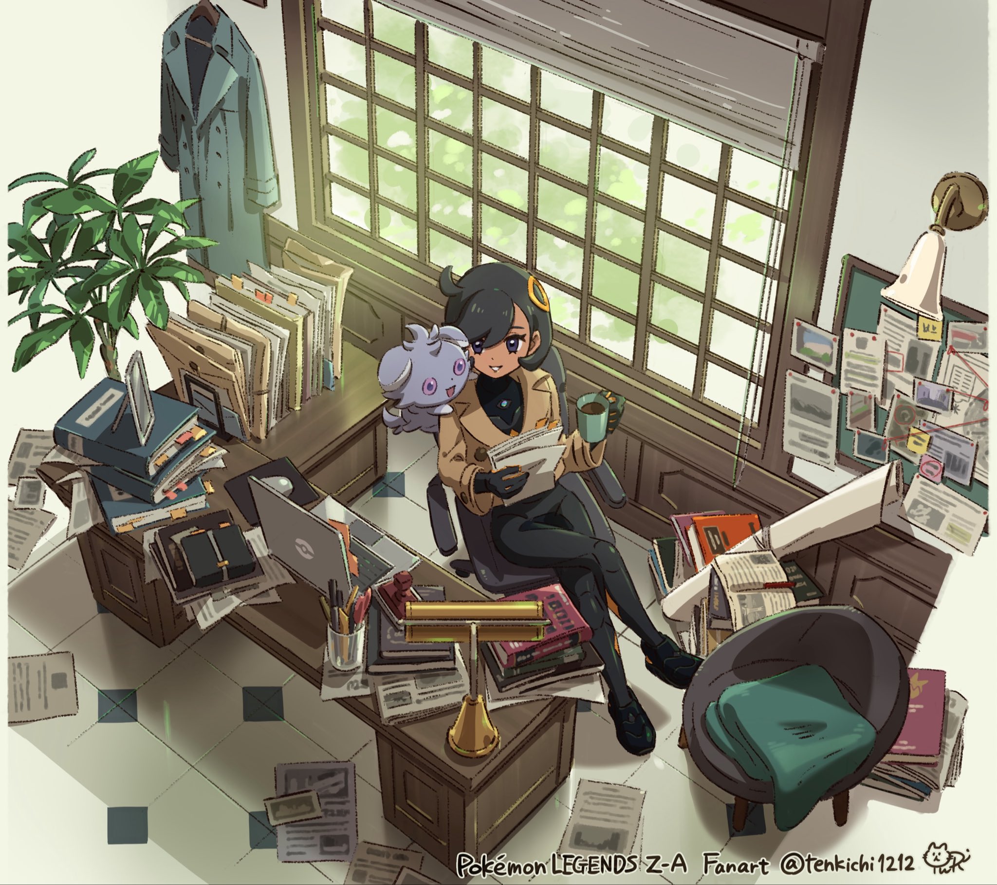 poten, emma (pokemon), espurr, nintendo, pokemon, pokemon legends: z-a, highres, 1girl, ahoge, black bodysuit, black hair, bodysuit, chair, coat, coffee mug, computer, crossed legs, cup, desk, desk lamp, folder, from above, gen 6 pokemon, holding, holding paper, lamp, laptop, mug, office, office chair, on shoulder, paper, pokemon (creature), pokemon on shoulder, signature, swivel chair, twitter username, unworn coat, window, window blinds