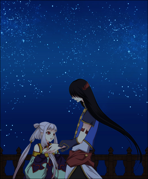 li xingke, tianzi, code geass, 00s, 1boy, 1girl, albino, black hair, chinese clothes, couple, happy, hetero, long hair, night, red eyes, white hair