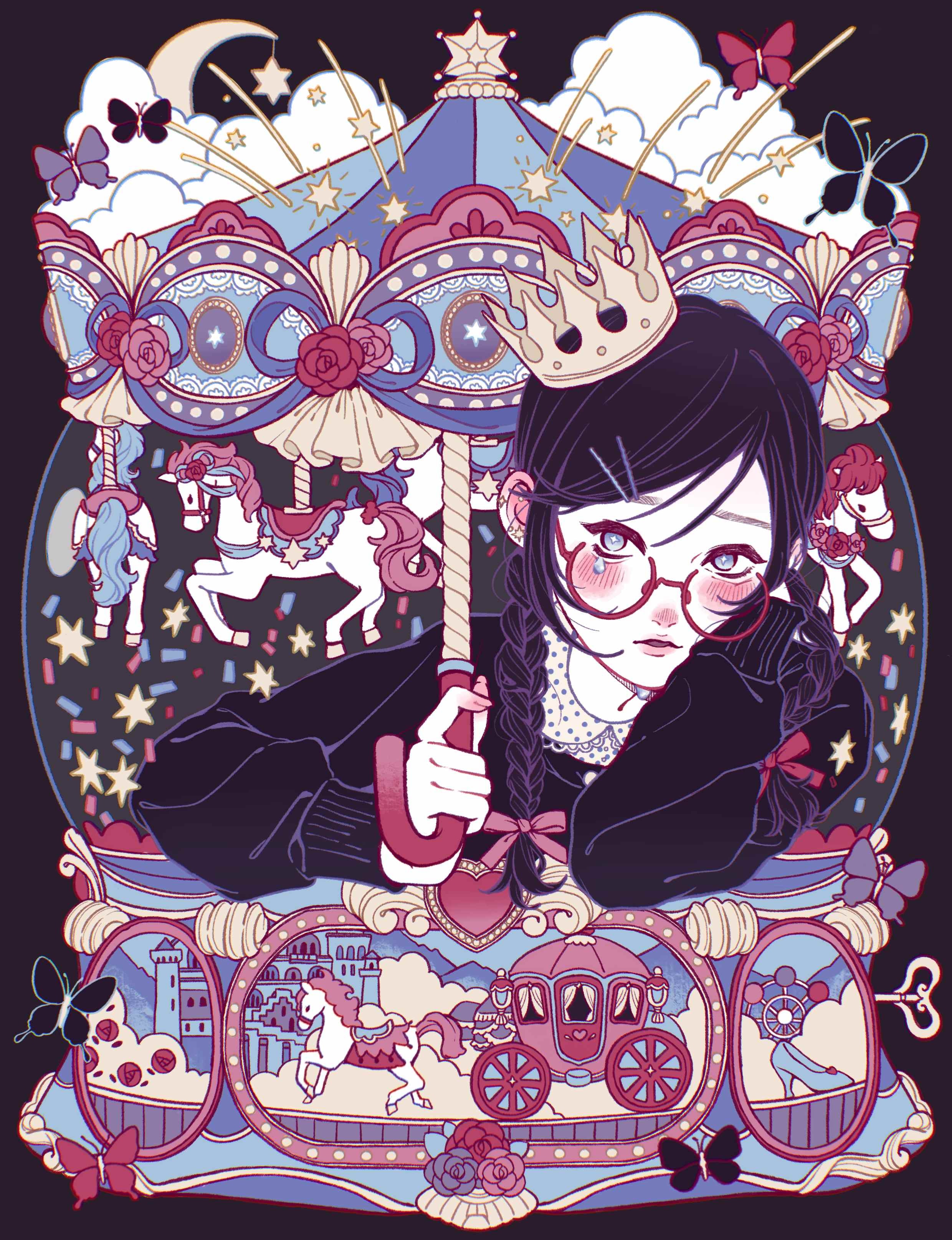 mtirn3373, original, absurdres, highres, 1girl, blue eyes, blush, bow, braid, bug, butterfly, carousel, cloud, confetti, crescent, crown, ear piercing, eyelashes, fingernails, flower, glasses, hair ornament, hairpin, insect, lips, long hair, long sleeves, nose blush, parted lips, piercing, pink flower, pink rose, red bow, red flower, red rose, rose, round eyewear, solo, star (symbol), teardrop, twin braids, upper body