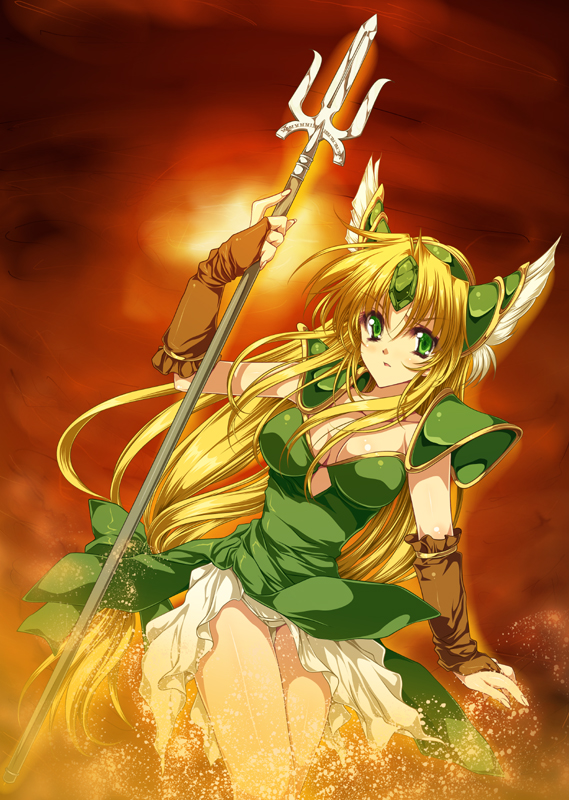 tamiya akito, riesz, seiken densetsu, seiken densetsu 3, 1girl, blonde hair, breasts, cleavage, elbow gloves, female focus, fingerless gloves, gloves, green eyes, hair ribbon, head wings, helmet, long hair, low-tied long hair, polearm, ribbon, solo, spear, very long hair, weapon, winged helmet, wings