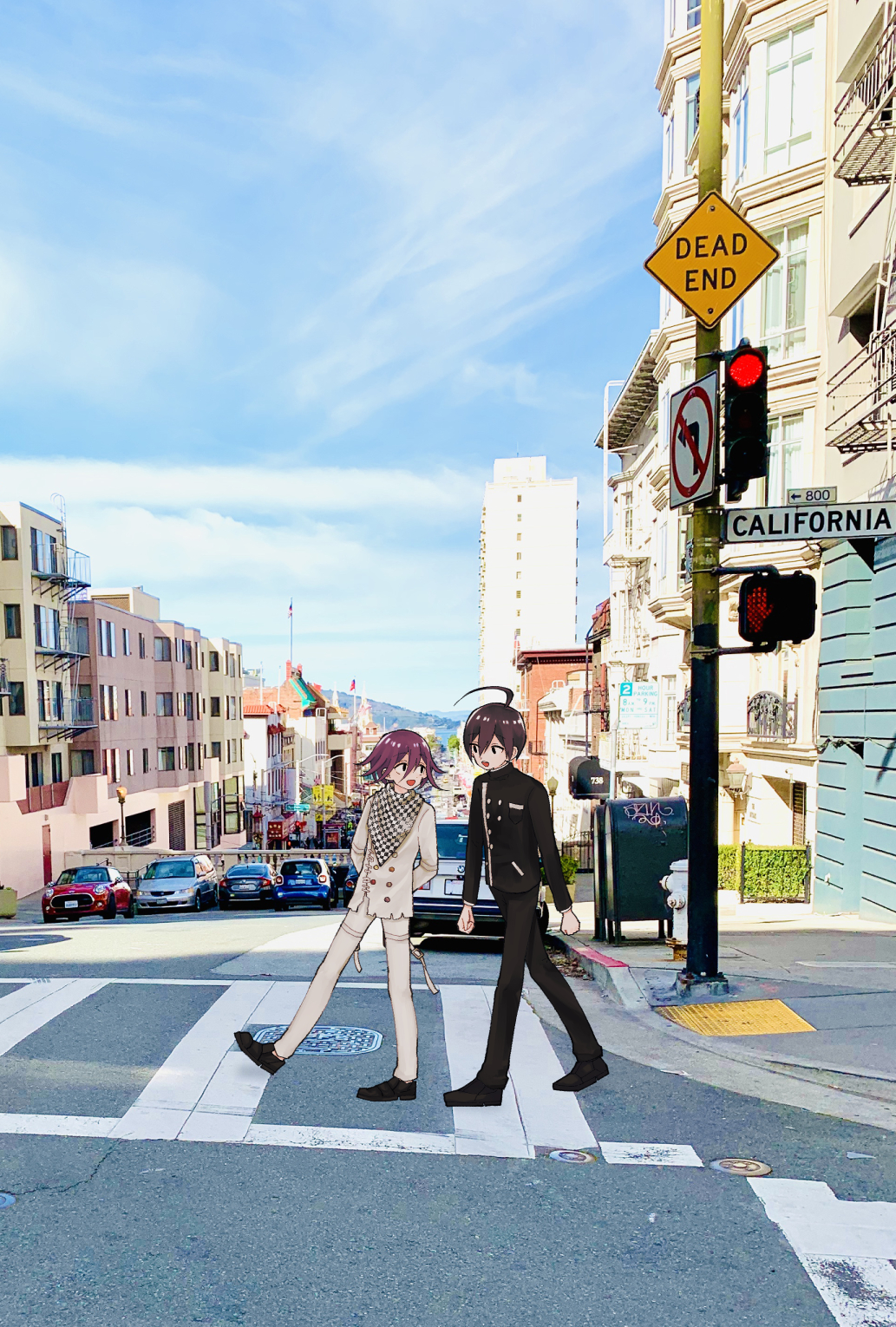 oma kokichi, saihara shuichi, danganronpa (series), danganronpa v3: killing harmony, commentary request, highres, 2boys, ahoge, arms behind back, black hair, black jacket, blue sky, building, buttons, california, car, checkered clothes, checkered scarf, city, collared jacket, crosswalk, flipped hair, hair between eyes, ikaikadaiou, jacket, long sleeves, male focus, motor vehicle, multiple boys, open mouth, outdoors, pants, photo background, purple eyes, purple hair, road, road sign, scarf, short hair, sign, sky, skyscraper, smile, street, traffic light, two-tone scarf, walking
