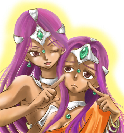 mariemon, manya (dq4), minea (dq4), chunsoft, dragon quest, dragon quest iv, enix, 2girls, bikini, bracelet, breasts, circlet, cleavage, dark-skinned female, dark skin, dress, earrings, frown, jewelry, medium breasts, multiple girls, one eye closed, purple eyes, purple hair, siblings, sisters, smile, swimsuit, wink