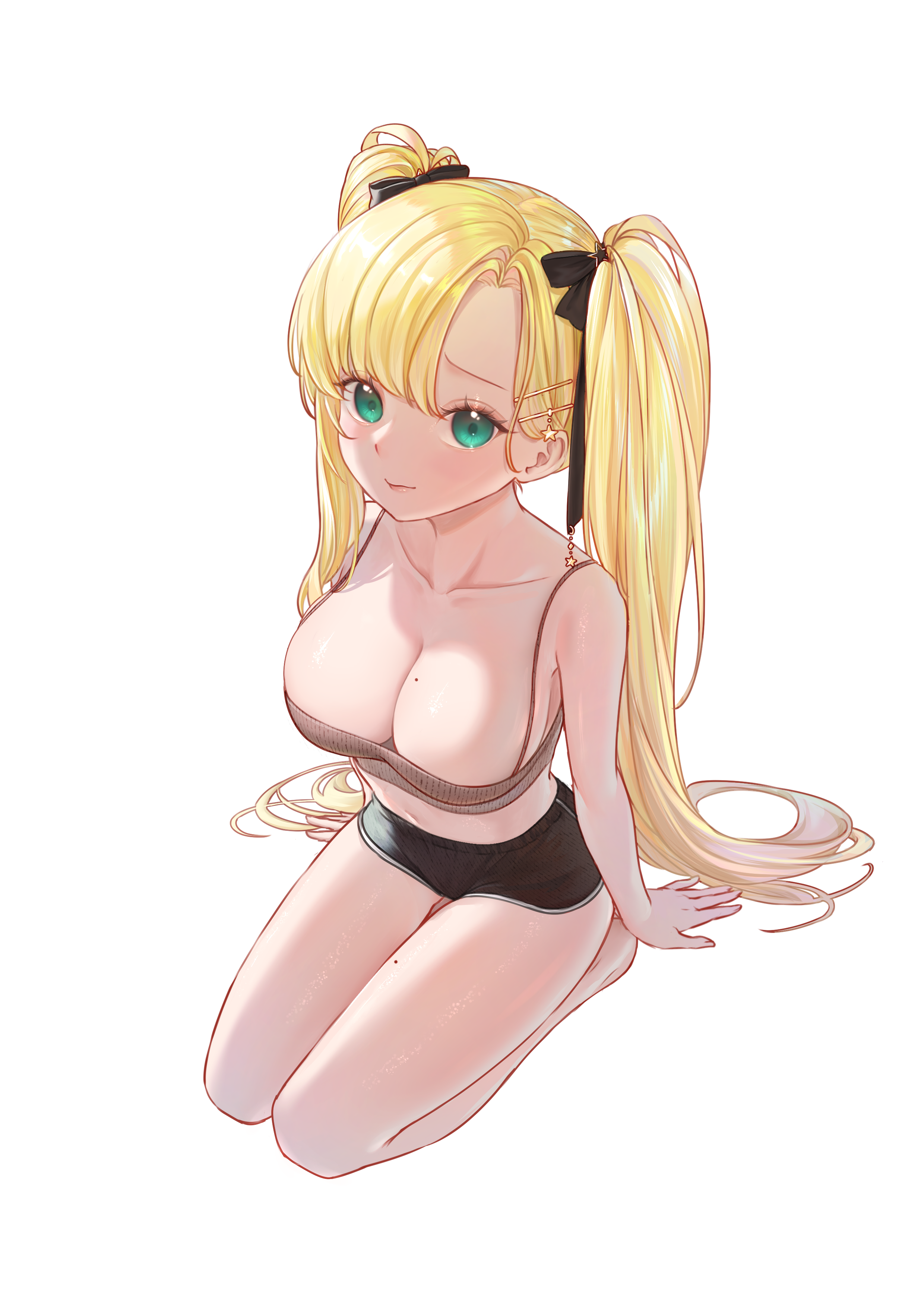 silentcity, original, absurdres, highres, 1girl, bare shoulders, black bow, blonde hair, blush, bow, breasts, cleavage, dolphin shorts, green eyes, large breasts, long hair, looking at viewer, mole, mole on breast, mole on thigh, seiza, shorts, sitting, smile, solo, spaghetti strap, tank top, twintails, very long hair