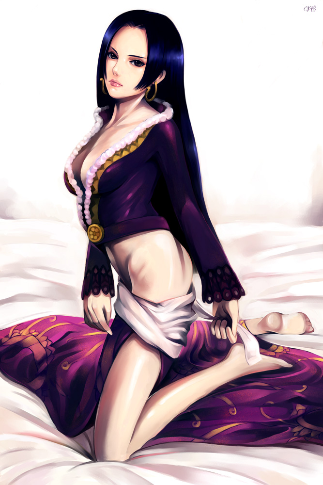 itori (clarice note), boa hancock, one piece, bad id, bad pixiv id, 1girl, barefoot, bed, blue hair, breasts, cleavage, earrings, female focus, jewelry, legs, lips, lipstick, long hair, long sleeves, makeup, no panties, realistic, solo, undressing