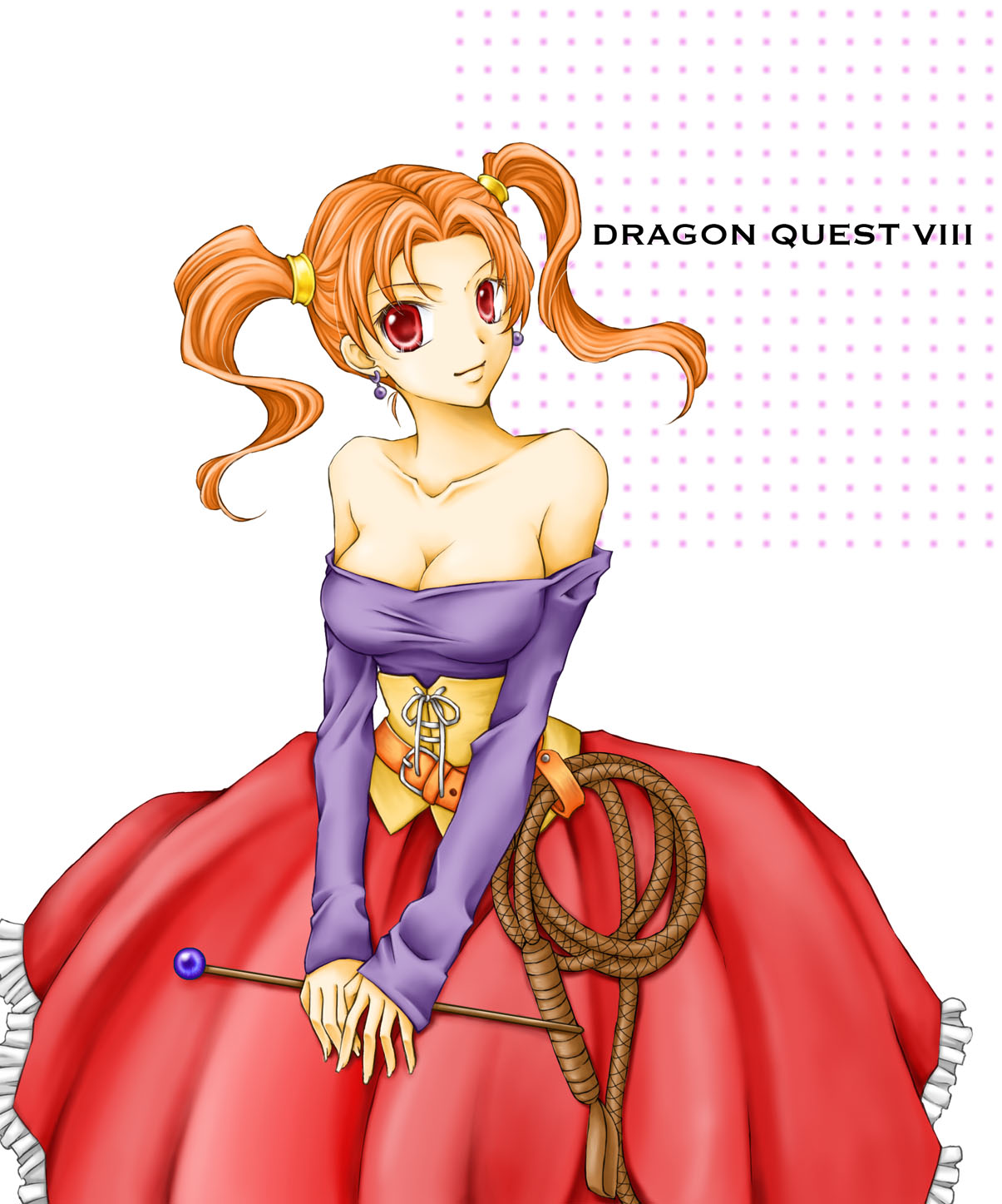 sorano namida, jessica albert, dragon quest, dragon quest viii, square enix, bad id, bad pixiv id, highres, 1girl, bare shoulders, breasts, cleavage, copyright name, dress, earrings, female focus, jewelry, off shoulder, orange hair, purple shirt, red eyes, red hair, shirt, solo, strapless, strapless dress, twintails, wand, whip, white background