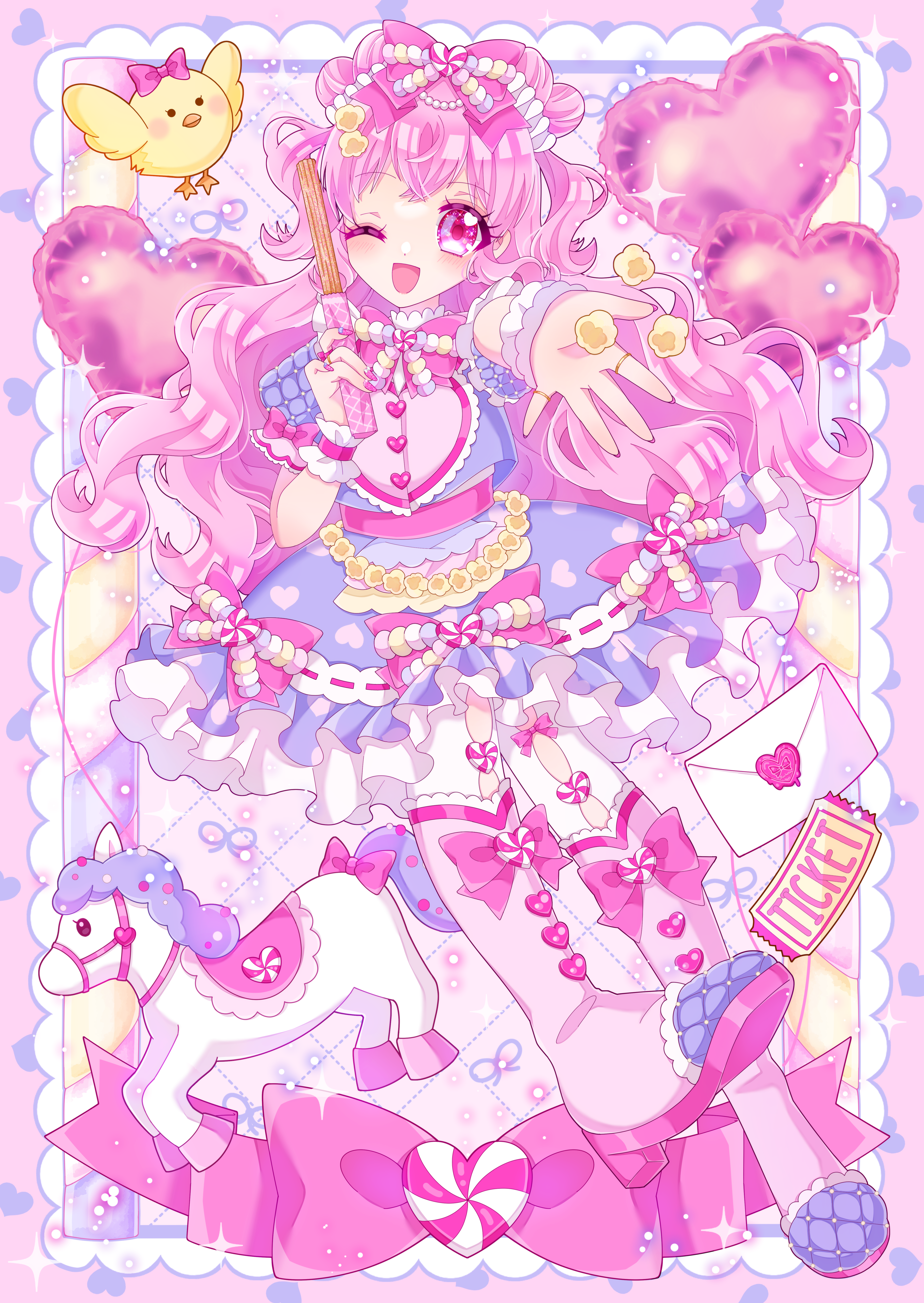 hiyoko miya, original, absurdres, commentary request, food request, highres, 1girl, balloon, bird, blush, boots, border, bow, carousel, dress, envelope, food, frilled dress, frills, hair bow, hair bun, heart, heart balloon, holding, holding food, horse, lace, lace border, lolita fashion, long hair, looking at viewer, one eye closed, ornate border, outstretched hand, pastel colors, pink boots, pink bow, pink eyes, pink hair, pink nails, pink theme, purple dress, smile, solo, sweet lolita, ticket, wavy hair, yume kawaii