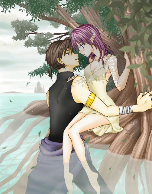 sorano namida, original, bad id, bad pixiv id, 1boy, 1girl, barefoot, blush, breasts, cleavage, couple, dress, elf, forest, hetero, nature, pointy ears, profile, purple hair, short hair, sitting, soaking feet, tree, tree shade, wading, water