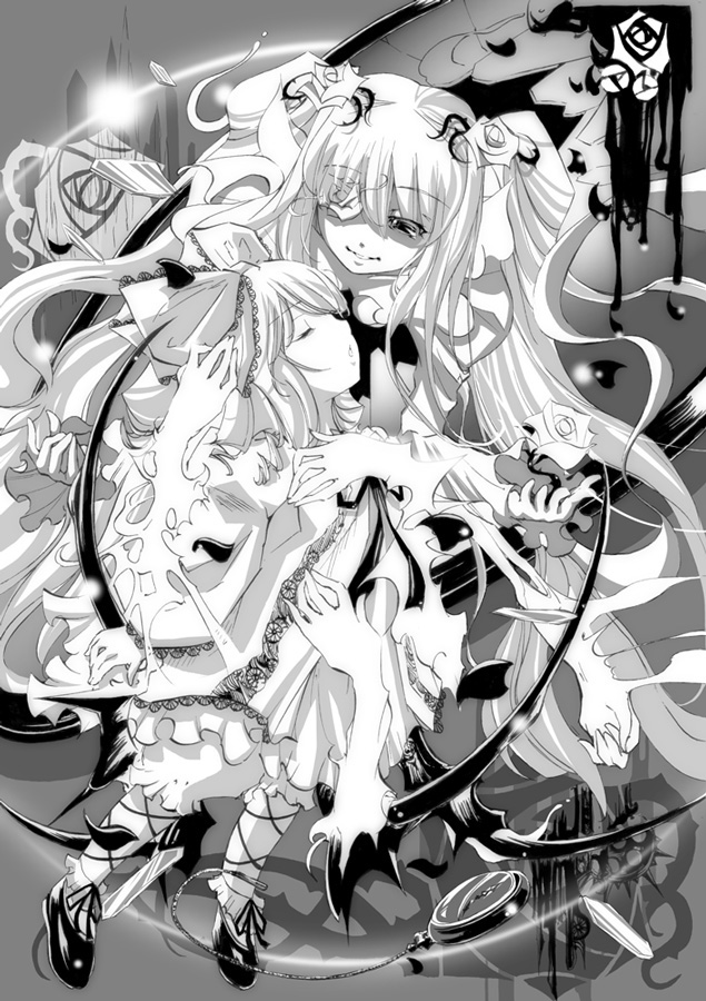 funky function, hinaichigo, kirakishou, rozen maiden, multiple hands, 00s, bow, child, extra hands, eyepatch, flower, greyscale, long hair, monochrome, ribbon