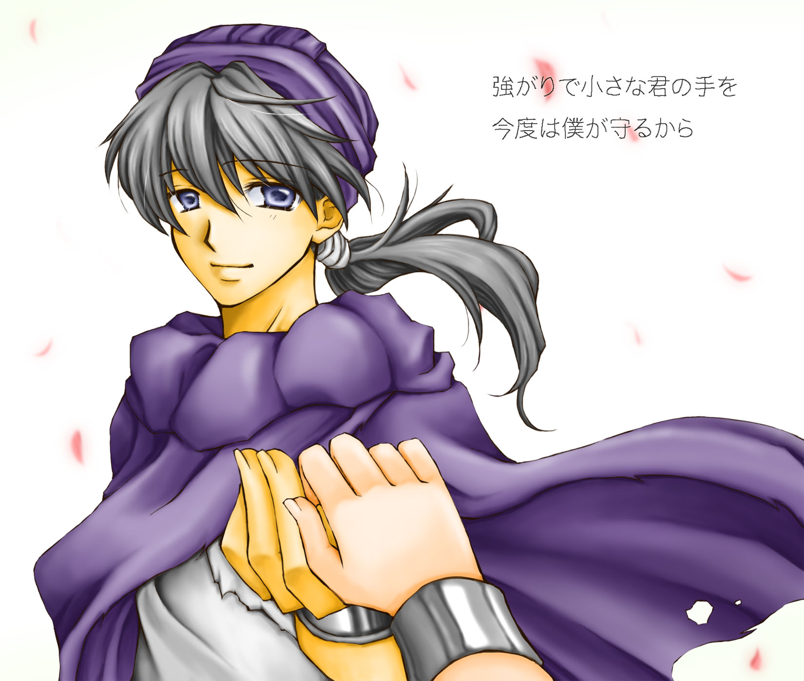 sorano namida, bianca (dq5), hero (dq5), dragon quest, dragon quest v, bad id, bad pixiv id, highres, translation request, 1boy, cape, hat, holding hands, male focus, petals, simple background, solo, turban, upper body, white background