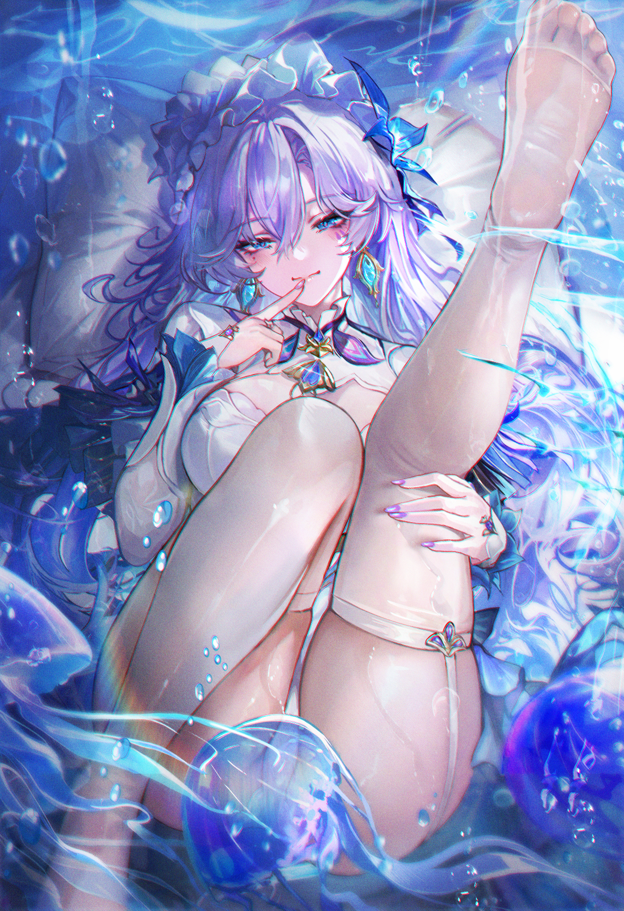 turbulence, cantarella (wuthering waves), wuthering waves, commentary, highres, 1girl, adapted costume, bed, blue eyes, blue flower, breasts, bubble, cleavage, closed mouth, dress, earrings, facial mark, feet, finger to mouth, fingernails, flower, hair between eyes, hair flower, hair ornament, headdress, index finger raised, jellyfish, jewelry, knee up, large breasts, leg up, long fingernails, long hair, looking at viewer, lying, mark under eye, mole, mole under eye, nail polish, no shoes, on back, on bed, panties, pillow, purple hair, purple nails, shrug (clothing), smile, soles, solo, thighhighs, thighs, toes, underwater, underwear, white dress, white panties, white shrug, white thighhighs