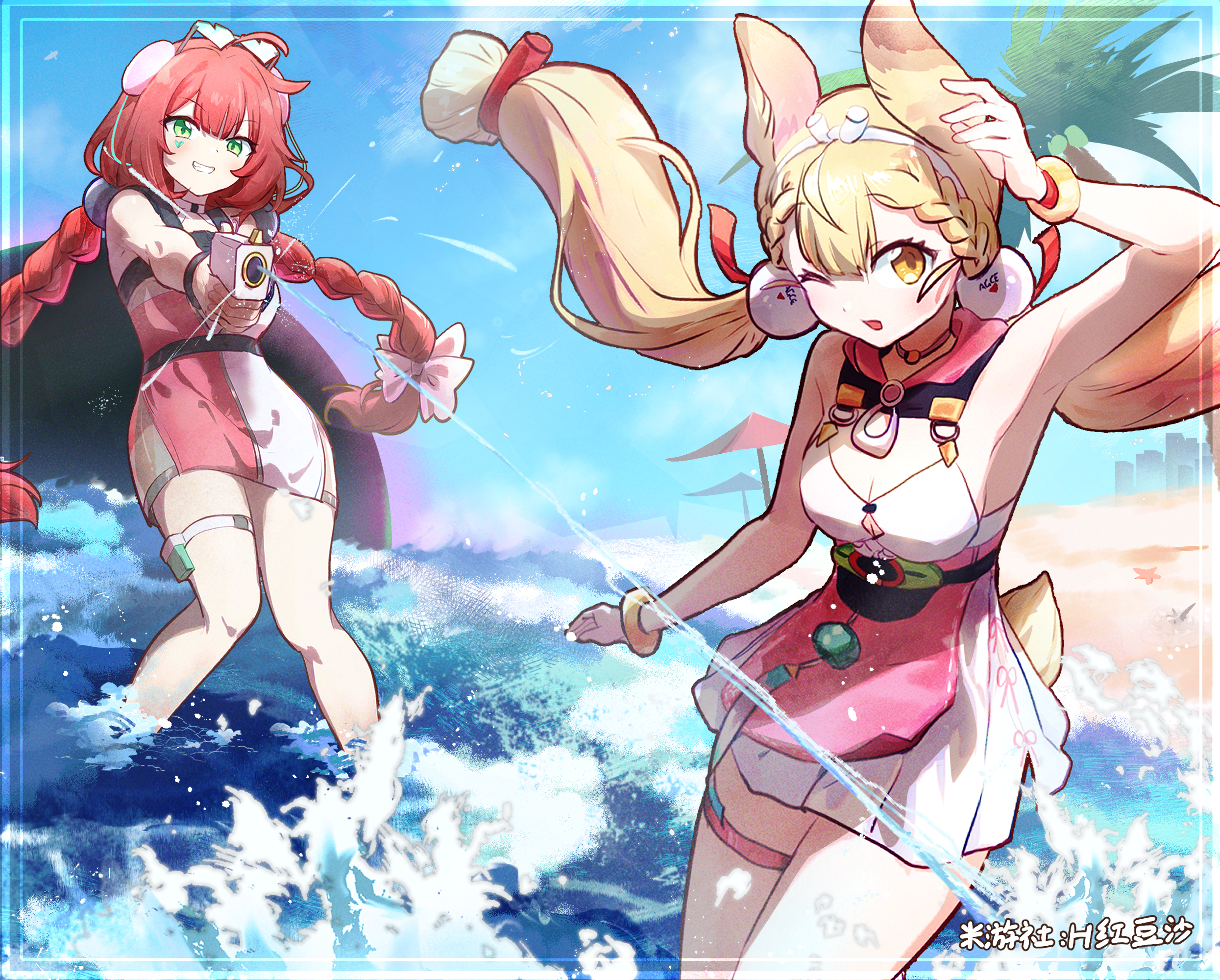 alice thymefield, alice thymefield (sea of thyme), ukinami yuzuha, ukinami yuzuha (tanuki in broad daylight), zenless zone zero, highres, 00000hds, 2girls, animal ears, arm up, armpits, beach, blonde hair, bracelet, braid, breasts, cleavage, eyewear on head, green eyes, heart, heart-shaped eyewear, holding, holding water gun, jewelry, long hair, looking at another, low-tied long hair, medium breasts, multiple girls, official alternate costume, official alternate hairstyle, one-piece swimsuit, open mouth, pink one-piece swimsuit, rabbit ears, rabbit girl, rabbit tail, red hair, smile, swimsuit, tail, thigh strap, twintails, water gun, white one-piece swimsuit, yellow eyes