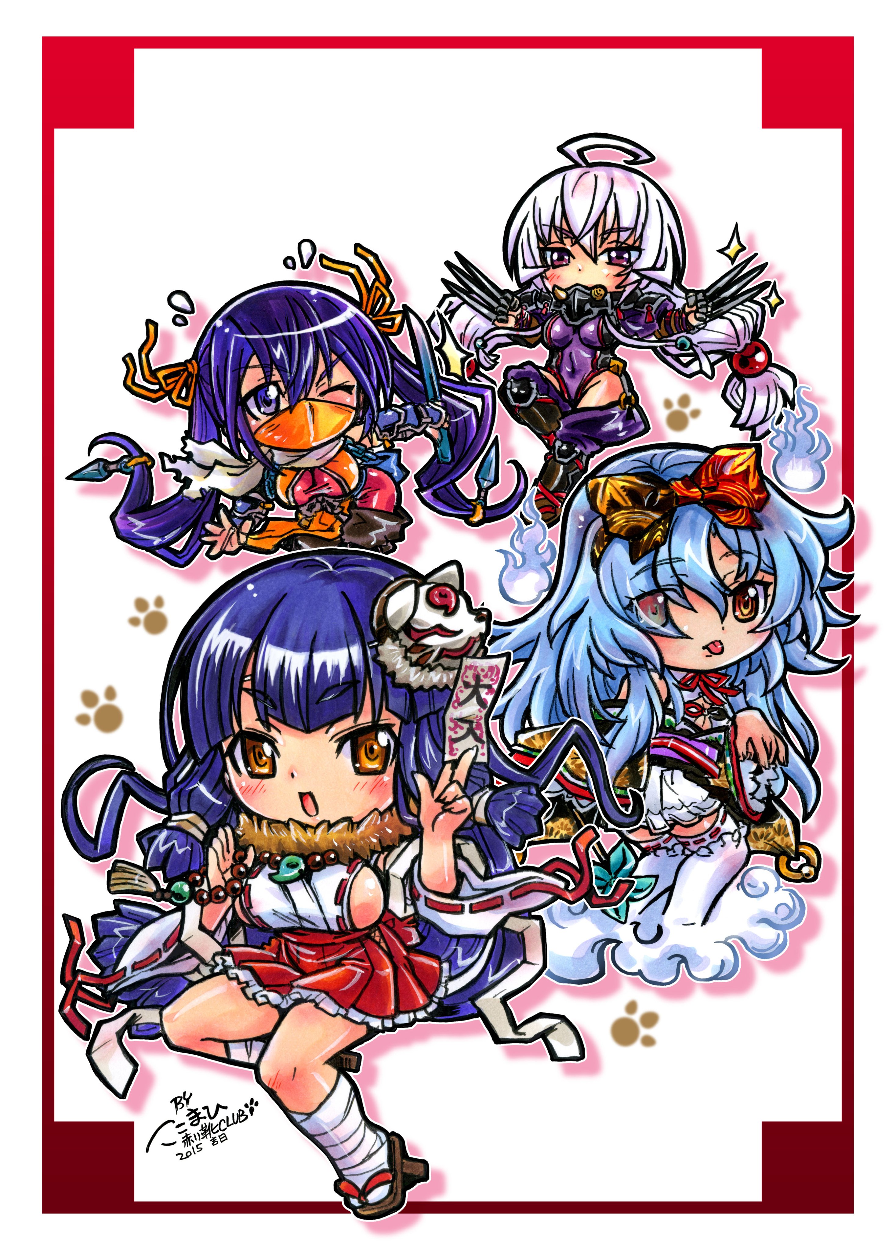 kokomahi, noujou mayura, play! play! play!, play! play! play! shi, absurdres, commentary request, highres, 4girls, :p, ahoge, arm guards, armor, artist name, bandaged foot, bandages, between fingers, blue eyes, blue hair, bodysuit, bow hairband, breasts, chibi, chibi only, circle name, claw (weapon), covered navel, dated, etou miria, fire, flying sweatdrops, fox mask, fur collar, geta, ghost, ghost pose, guest art, hair between eyes, hair ribbon, hairband, hakama, hakama short skirt, hakama skirt, hands up, holding, holding pinwheel, holding sword, holding weapon, japanese clothes, jewelry, kimono, kotone (play! play! play! shi), large breasts, leotard, long hair, looking at another, looking at viewer, low-tied long hair, magatama, magatama necklace, mask, mask on head, medium breasts, messy hair, mouth mask, multiple girls, necklace, ninja, ninja mask, nontraditional miko, ofuda, ofuda between fingers, one eye closed, open mouth, paw print, pink bodysuit, pinwheel, purple eyes, purple leotard, purple sash, red hakama, red ribbon, ribbon, sagara nagisa, sash, scarf, short sword, sideboob, skin tight, skirt, smile, sparkle, sword, tassel, thighhighs, tongue, tongue out, twintails, very long hair, weapon, white hair, white scarf, white thighhighs, will-o'-the-wisp (mythology), yellow eyes, yellow ribbon