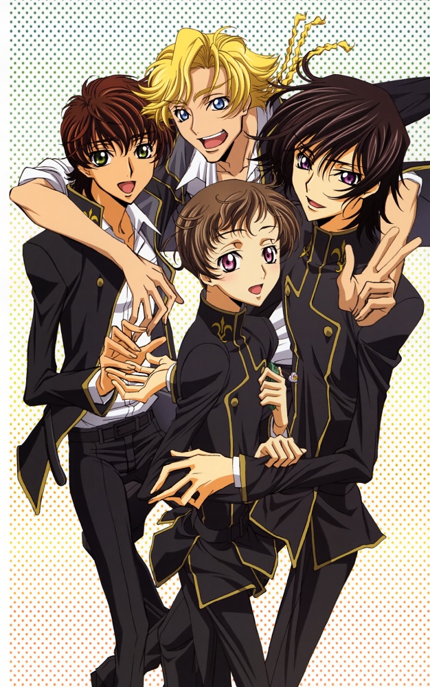 sakou yukie, gino weinberg, kururugi suzaku, lelouch vi britannia, rolo lamperouge, code geass, official art, 00s, 4boys, black hair, blonde hair, blue eyes, braid, brown hair, gradient background, green eyes, hug, male focus, multiple boys, open clothes, open shirt, pink eyes, purple eyes, school uniform, shirt, smile, turtleneck, v, white background