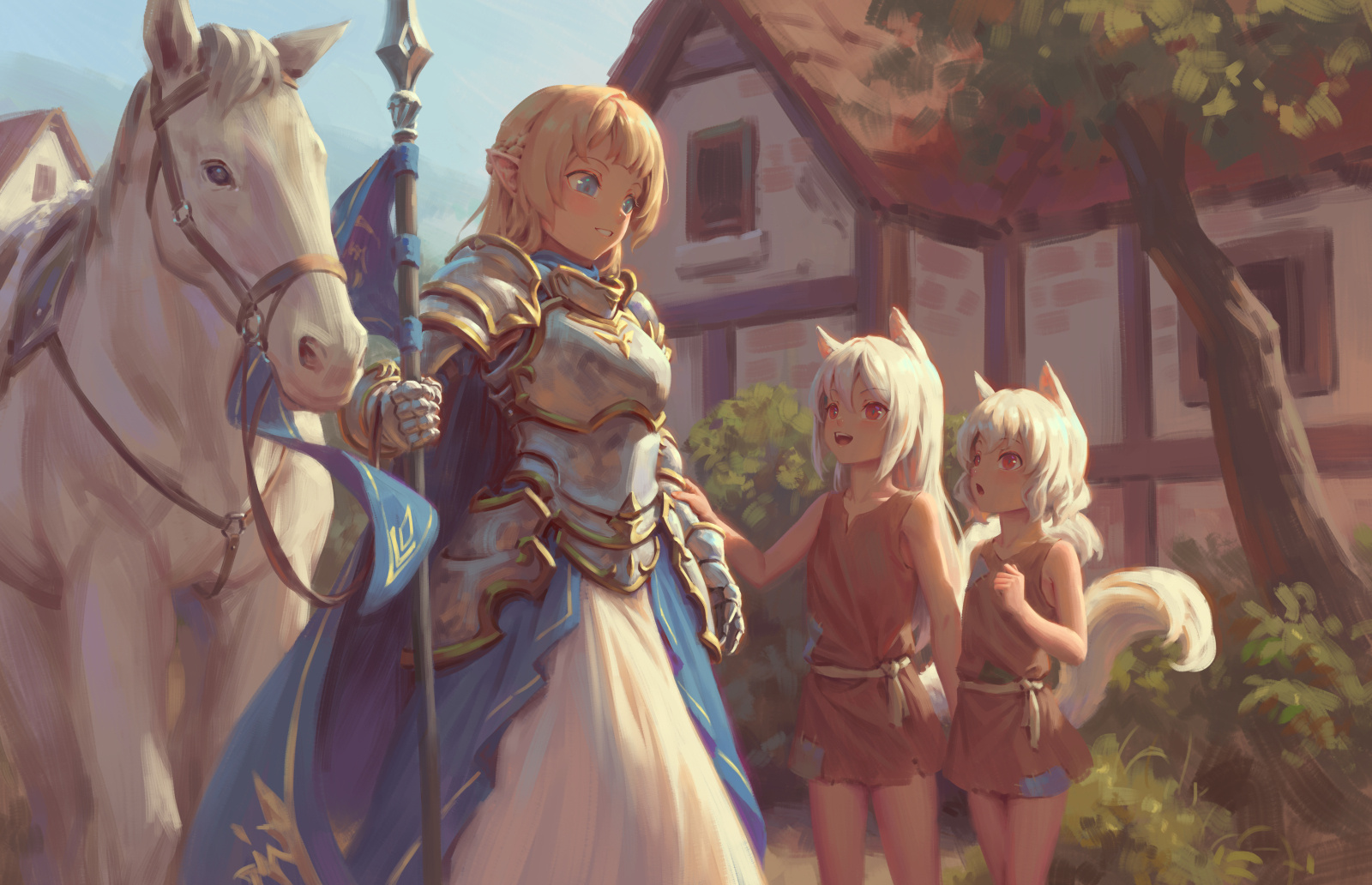 bigrbear, original, highres, 3girls, animal ears, armor, blonde hair, blue eyes, breastplate, brown tunic, day, elf, holding, holding polearm, holding weapon, leg armor, long hair, multiple girls, nude, outdoors, pointy ears, polearm, red eyes, shoulder armor, skirt, smile, spear, tail, tunic, weapon, white hair, white horse, white skirt