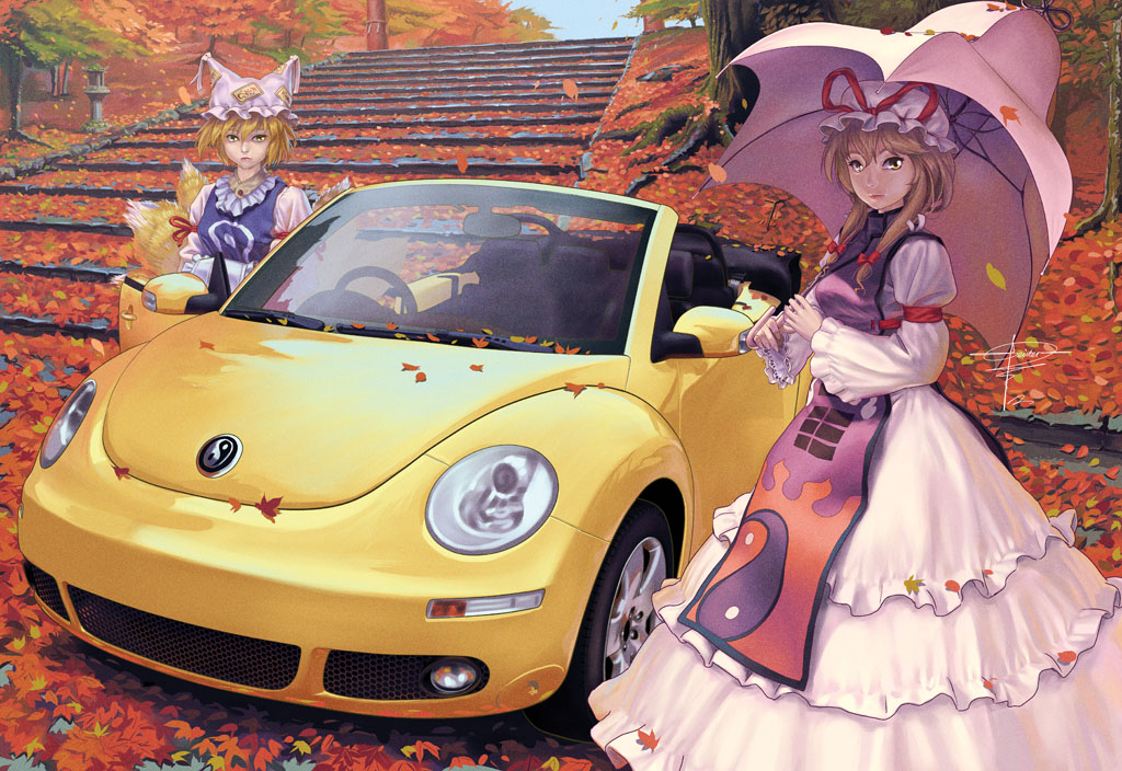 geister, yakumo ran, yakumo yukari, touhou, volkswagen, 2girls, animal hat, blonde hair, car, dress, female focus, fox tail, hair ribbon, hands in opposite sleeves, hat, holding, holding umbrella, leaf, long sleeves, mob cap, motor vehicle, multiple girls, new beetle, outdoors, parasol, ribbon, short hair, stairs, tail, tassel, umbrella, vehicle focus, volkswagen beetle, wide sleeves, yellow eyes, yin yang