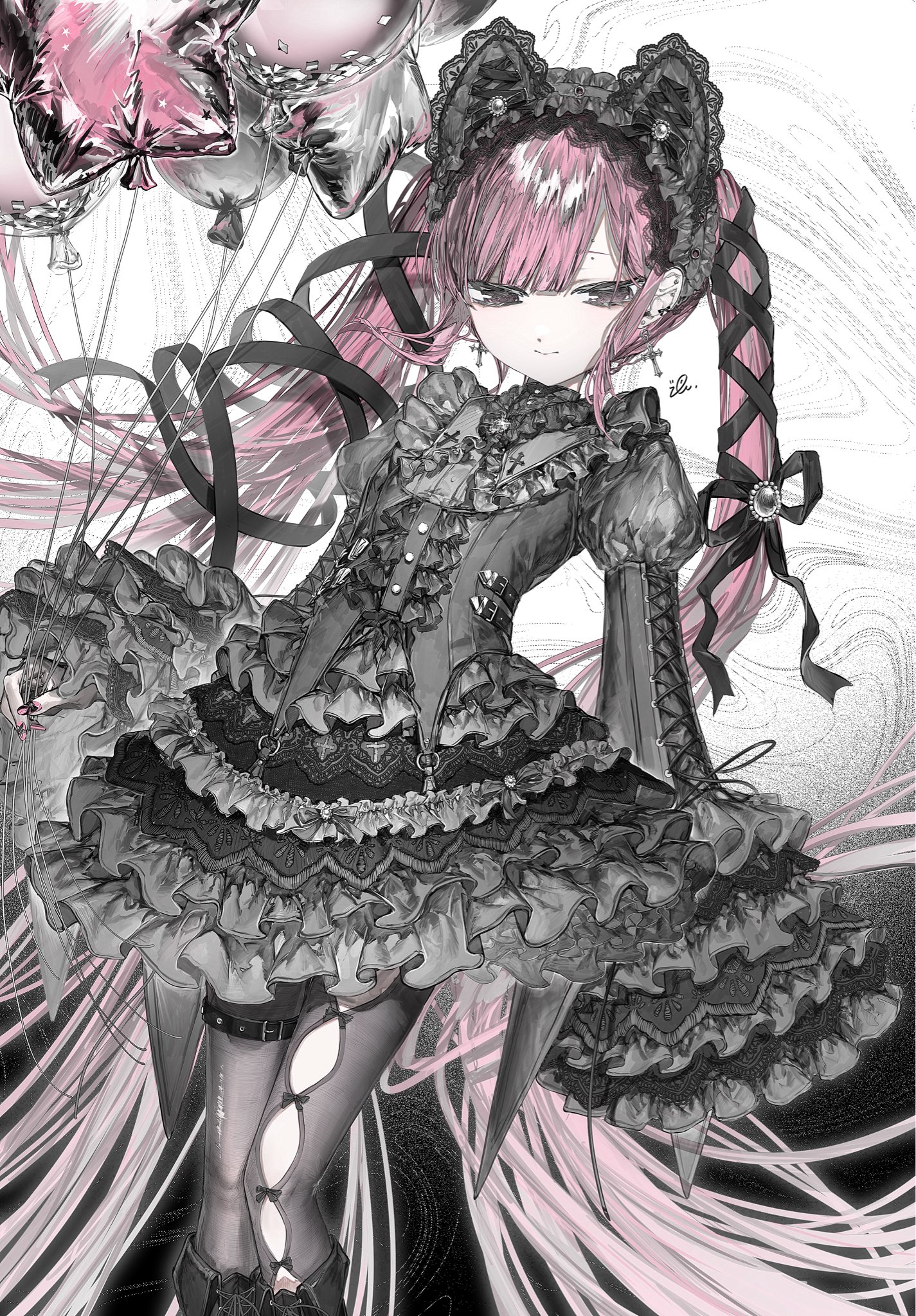 xoxzxox, original, commission, highres, skeb commission, 1girl, animal ear hairband, animal ears, asymmetrical legwear, balloon, bell sleeves, black dress, black hairband, black pantyhose, bow legwear, buttons, cat ear hairband, cat ears, center frills, cross, cross-laced clothes, cross-laced sleeves, cross earrings, dress, earrings, fake animal ears, frilled dress, frilled hairband, frilled sleeves, frills, gothic lolita, gradient background, hair ribbon, hairband, jewelry, juliet sleeves, lace-trimmed hairband, lace trim, layered sleeves, light smile, lolita fashion, long hair, long sleeves, looking at viewer, mismatched legwear, pantyhose, pink hair, puffy sleeves, ribbon, sleeves past fingers, sleeves past wrists, solo, twintails, very long hair