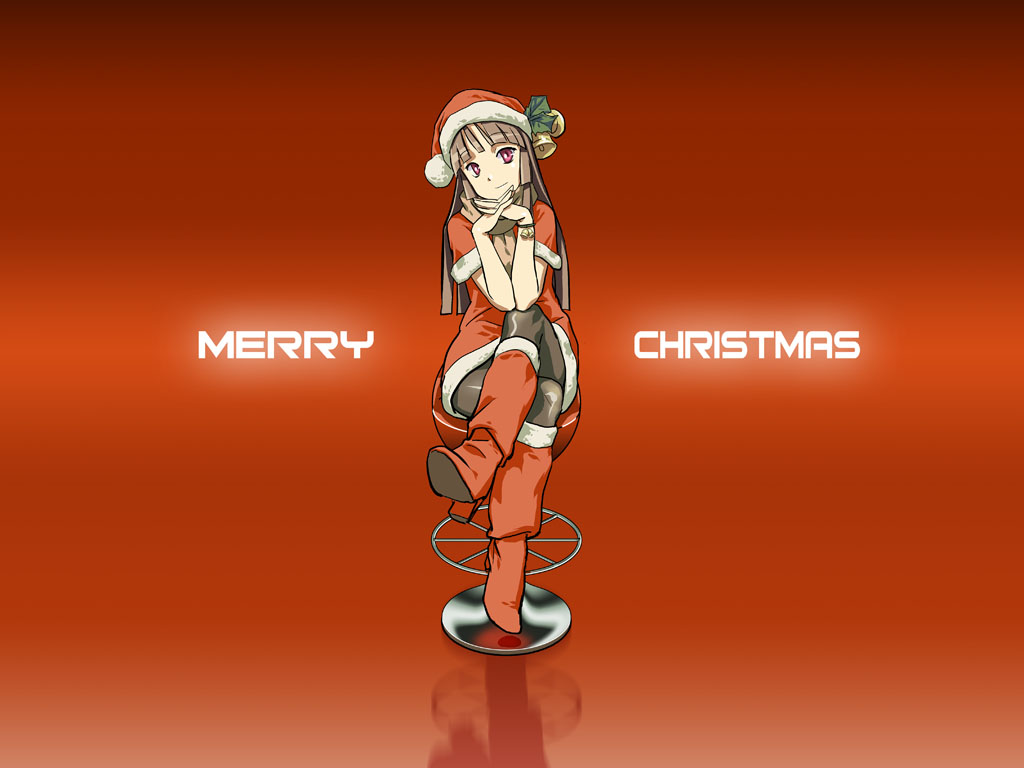 geister, original, 1girl, bell, boots, brown hair, chair, christmas, crossed legs, dress, female focus, hat, high heels, knee boots, long hair, own hands clasped, own hands together, pantyhose, pink eyes, reflection, santa costume, santa hat, scarf, shoes, short dress, sitting, smile, solo