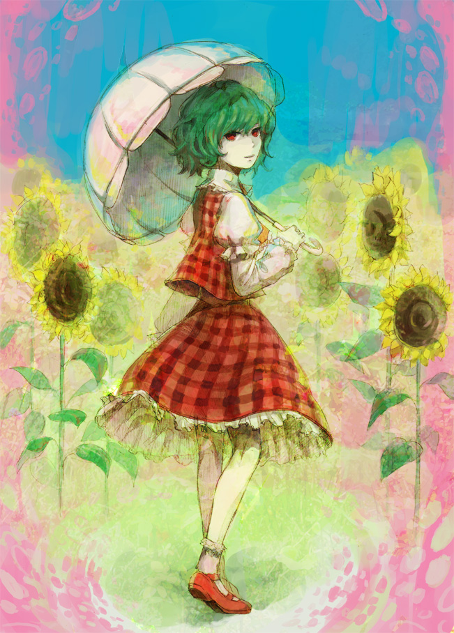 nayuko, kazami yuuka, touhou, bad id, bad pixiv id, 1girl, ascot, female focus, flower, from behind, green hair, light smile, looking back, parasol, plaid clothes, plaid skirt, plaid vest, red eyes, short hair, skirt, skirt set, solo, sunflower, umbrella, vest