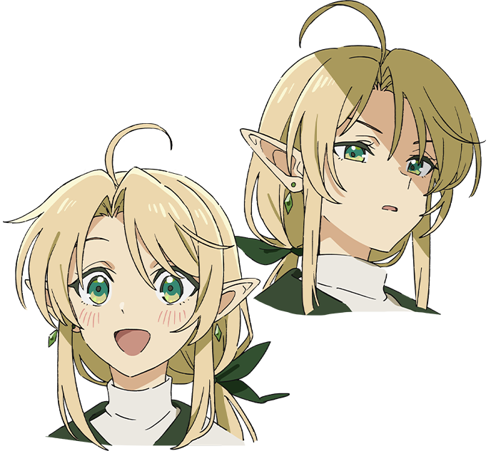 sera (mizu zokusei no mahoutsukai), mizu zokusei no mahoutsukai, highres, 1girl, ahoge, blonde hair, blush, bow, disgust, dot nose, earrings, elf, female focus, green bow, green earrings, green eyes, hair bow, jewelry, long hair, open mouth, pointy ears, ponytail, smile, solo, solo focus