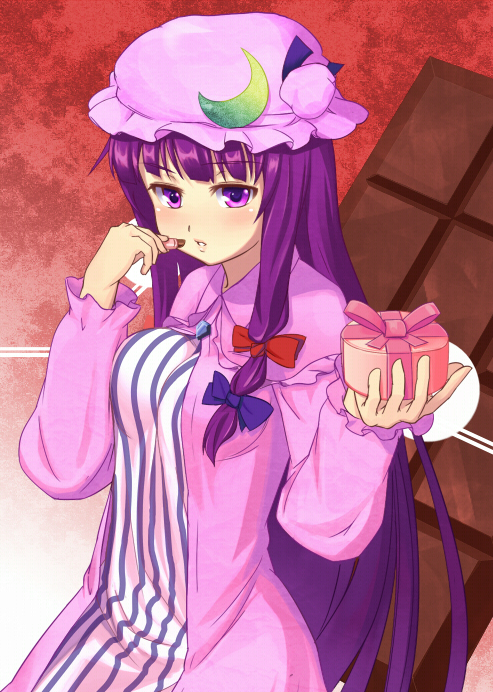ket-c, patchouli knowledge, touhou, bad id, bad pixiv id, 1girl, blush, candy, chocolate, chocolate bar, cosmetics, crescent hat ornament, female focus, food, gift, hat, hat ornament, holding, holding gift, incoming gift, lipstick, lipstick tube, long hair, makeup, purple eyes, purple hair, solo, valentine, very long hair