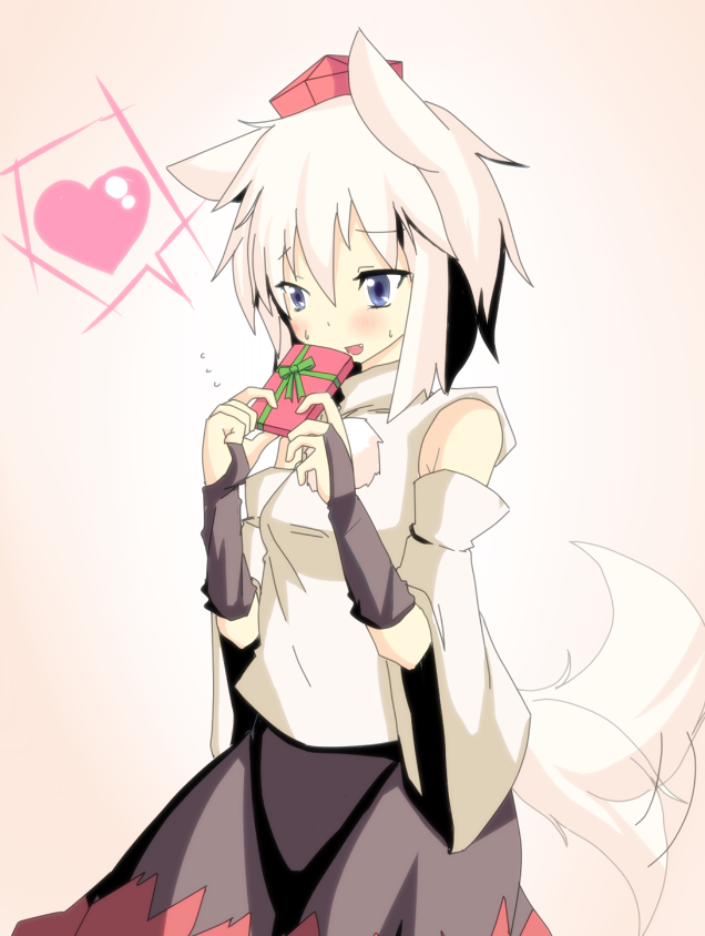 suna (sunaipu), sunaipu, inubashiri momiji, touhou, 1girl, blush, female focus, hat, heart, solo, tail, tail wagging, tokin hat, valentine, wolf ears