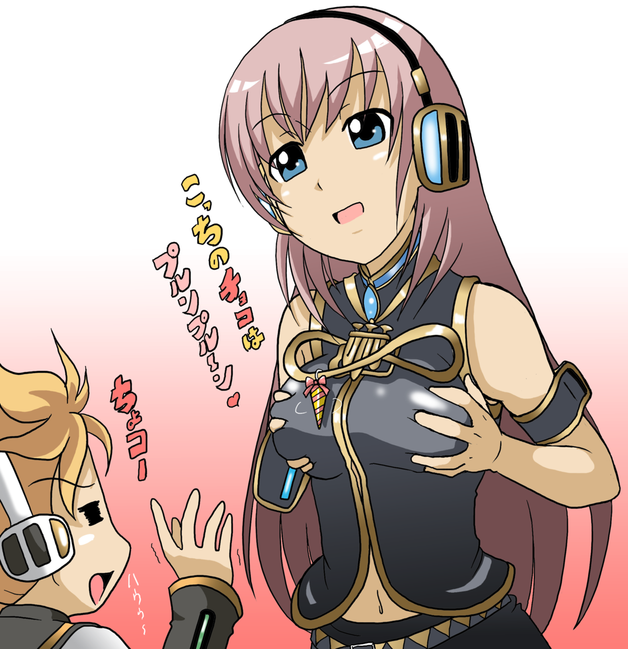 takaya n, kagamine len, megurine luka, vocaloid, highres, 1boy, 1girl, blonde hair, blue eyes, breasts, closed eyes, grabbing another's breast, grabbing own breast, groping, hetero, large breasts, long hair, pink hair