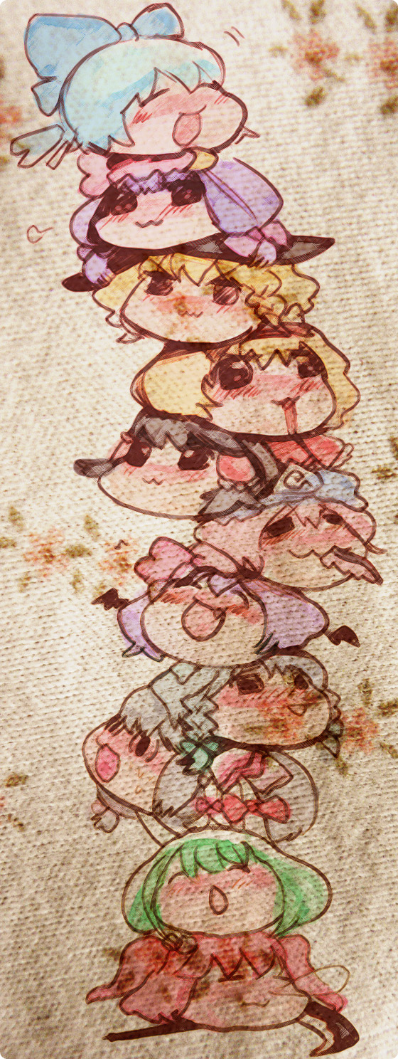 ruto (petatann), alice margatroid, cirno, ex-keine, fujiwara no mokou, hakurei reimu, izayoi sakuya, kamishirasawa keine, kirisame marisa, mystia lorelei, onozuka komachi, patchouli knowledge, remilia scarlet, saigyouji yuyuko, touhou, bad id, bad pixiv id, highres, long image, tall image, 6+girls, :3, blush, chibi, fang, female focus, hat, human tower, multiple girls, nose bubble, stacking, tower, yukkuri shiteitte ne
