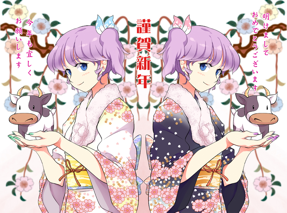 akihazama, seha, djmax, djmax portable, ladymade star, bad id, bad pixiv id, 00s, 2009, 2girls, blue eyes, cow, hair ribbon, japanese clothes, kimono, multiple girls, new year, purple hair, ribbon, siblings, side ponytail, sisters, symmetry, twins