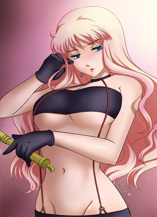 megi (pixiv7518), yumegi atsuki, sheryl nome, macross, macross frontier, bad id, bad pixiv id, 00s, 1girl, bandeau, bike shorts, collar, female focus, gloves, long hair, no panties, solo, strapless, suspenders, tube top