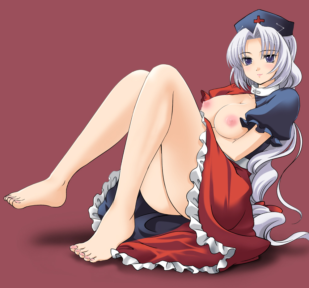 megi (pixiv7518), yumegi atsuki, yagokoro eirin, touhou, silver hair, 1girl, barefoot, blue eyes, breasts, feet, female focus, legs, long hair, nipples, no bra, nurse, solo