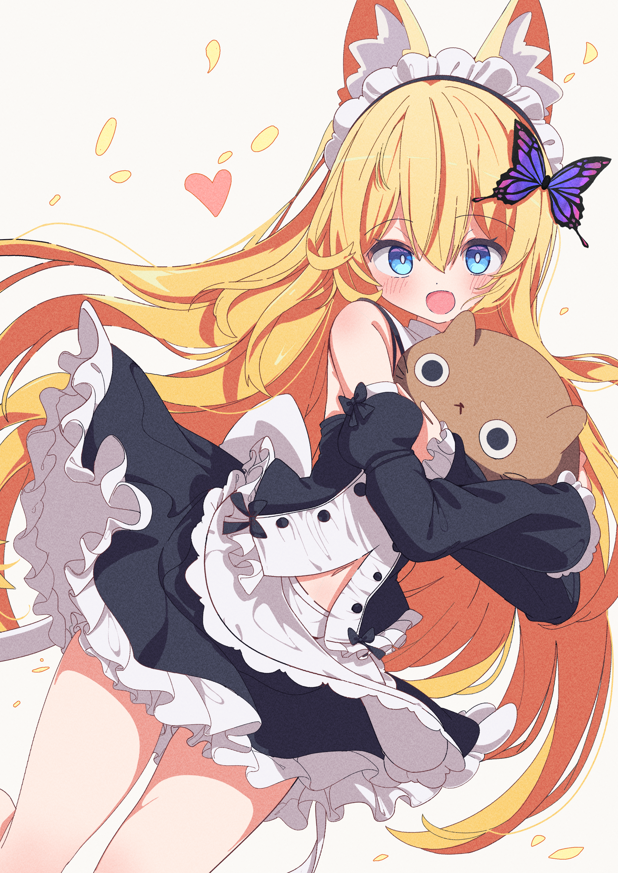shiro9jira, original, absurdres, commission, highres, skeb commission, 1girl, animal ears, bare shoulders, black shirt, black skirt, blonde hair, blue eyes, blush, butterfly hair ornament, detached sleeves, fox ears, fox girl, frilled skirt, frilled sleeves, frills, hair ornament, hugging object, long hair, long sleeves, looking at viewer, maid headdress, navel, open mouth, shirt, simple background, skirt, smile, solo, white background