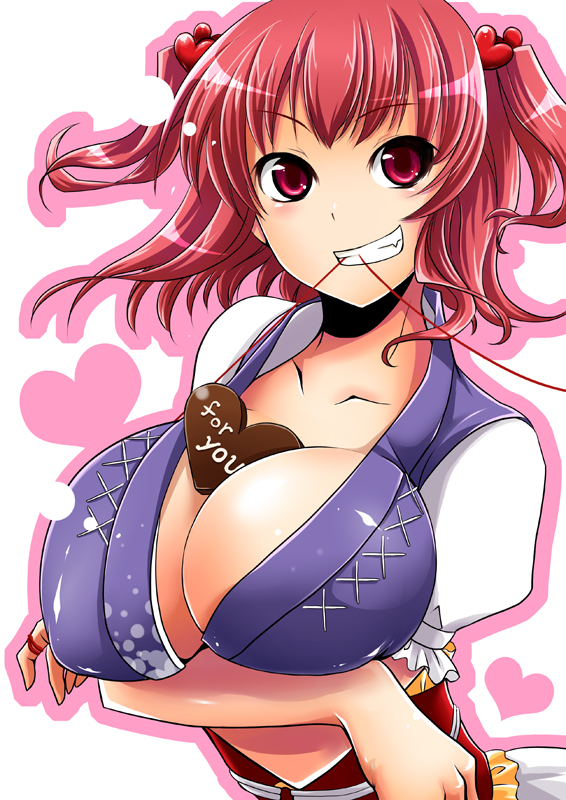 pochi (pochi-goya), onozuka komachi, touhou, breast hold, bad id, bad pixiv id, 1girl, between breasts, breast lift, breasts, chocolate, female focus, grin, hair bobbles, hair ornament, heart, huge breasts, large breasts, mouth hold, pink eyes, pink hair, red eyes, red hair, short hair, short twintails, smile, solo, string, string of fate, twintails, two side up, upper body, valentine