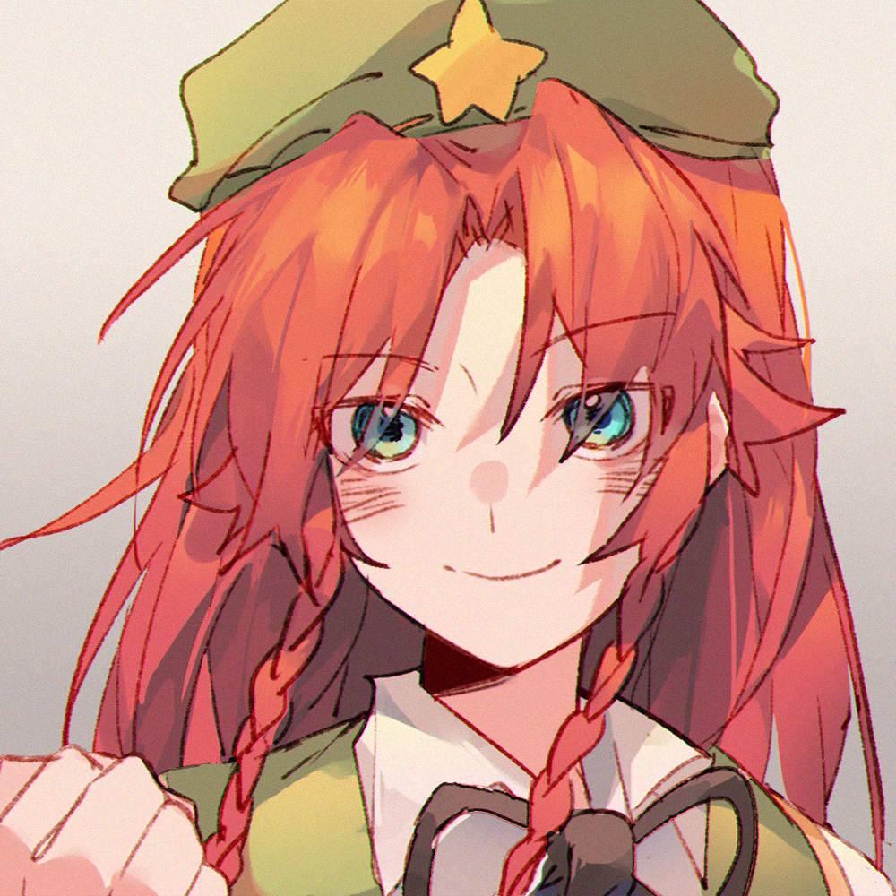 liangyilin, hong meiling, touhou, commentary, 1girl, beret, black ribbon, blush, braid, braided sidelock, clenched hand, curtained hair, green hat, hat, hat ornament, long hair, looking at viewer, neck ribbon, orange hair, portrait, ribbon, shirt, simple background, smile, solo, star (symbol), star hat ornament, white shirt