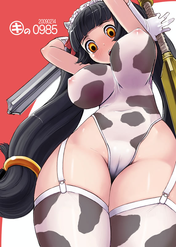 kei jiei, original, 1girl, animal print, blunt bangs, blush, breasts, cameltoe, cow print, female focus, garter belt, garter straps, highleg, huge breasts, leotard, long hair, new year, see-through clothes, solo, thighhighs, very long hair, weapon, white garter straps