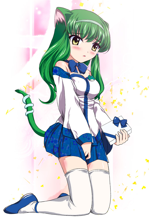 yamaguchi takashi, yamaguchi yuu, kochiya sanae, touhou, 1girl, animal ears, blush, bow, cat ears, cat girl, cat tail, female focus, gift, green eyes, green hair, holding, holding gift, kemonomimi mode, matching hair/eyes, open mouth, solo, tail, thighhighs, zettai ryouiki