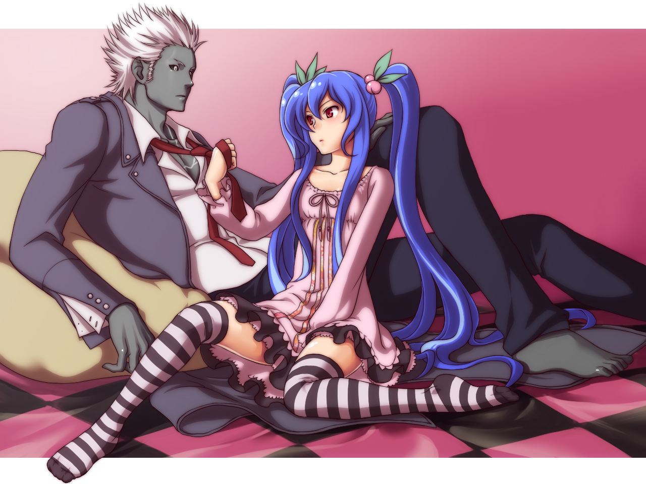 esaka, hinanawi tenshi, mukai (kof), m.u.g.e.n, snk, the king of fighters, touhou, bad id, 1boy, 1girl, blue hair, clothes grab, colored skin, couple, crossover, dark skin, dress, feet, food, fruit, grey skin, hetero, long hair, necktie, necktie grab, neckwear grab, peach, red eyes, short hair, sitting, striped clothes, striped thighhighs, thighhighs, twintails, very long hair, white hair, zettai ryouiki
