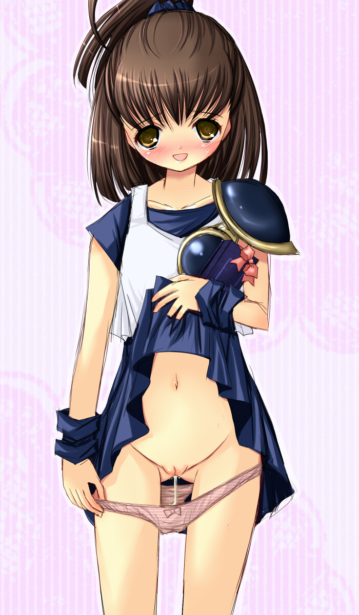 michio (fuelmeter), michio (pixiv361164), arle nadja, madou monogatari, puyopuyo, bad id, bad pixiv id, highres, 1girl, blue skirt, blush, brown hair, clothes lift, female focus, loli, panties, panty pull, pussy, pussy juice, pussy juice trail, shirt lift, skirt, solo, underwear, yellow eyes