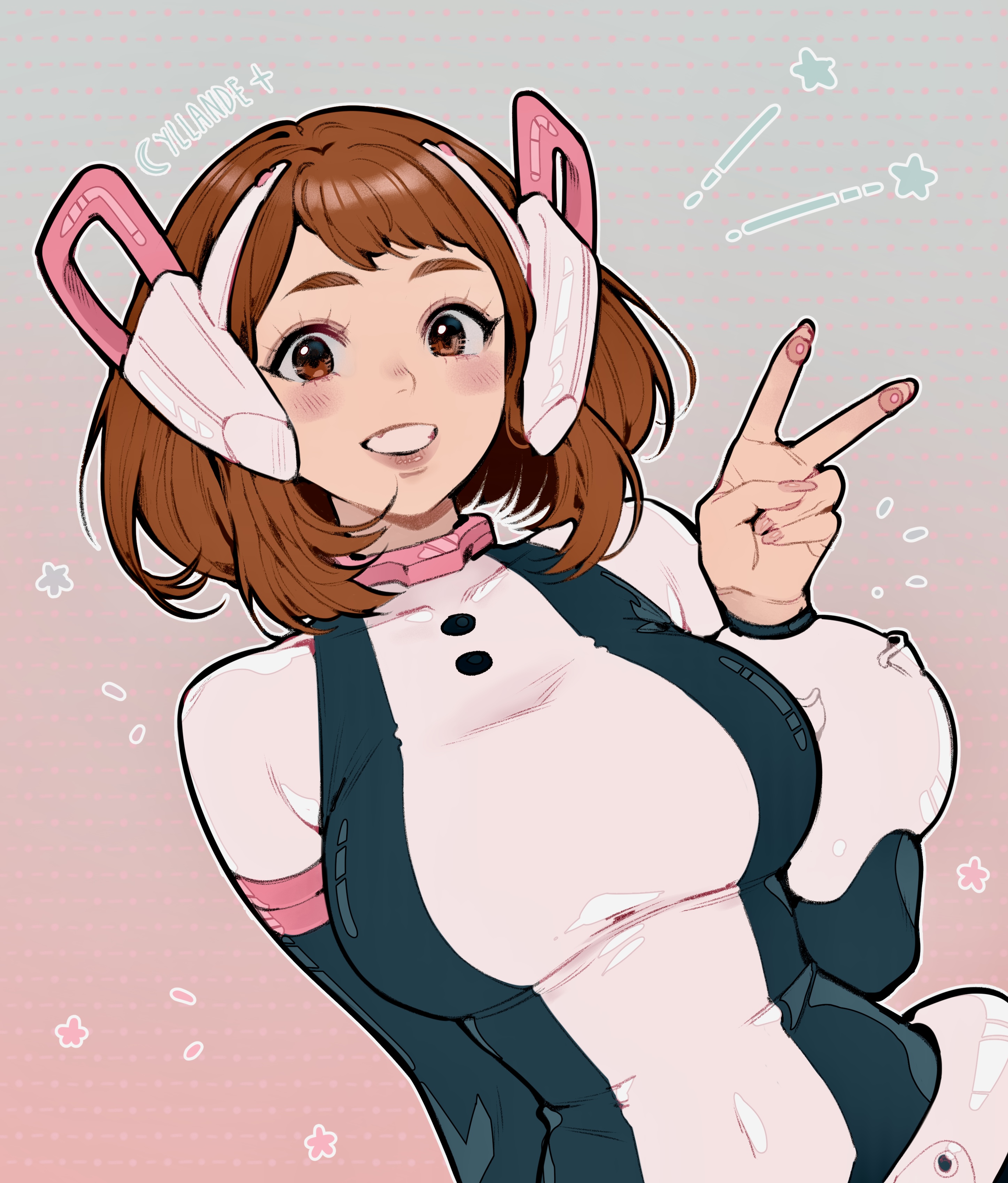 yiiande, uraraka ochako, boku no hero academia, absurdres, highres, 1girl, arm behind back, artist name, blush, bodysuit, breasts, brown eyes, brown hair, gradient background, grey background, grin, headgear, looking at viewer, medium breasts, medium hair, pink background, short bangs, smile, solo, superhero costume, teeth, upper body, v